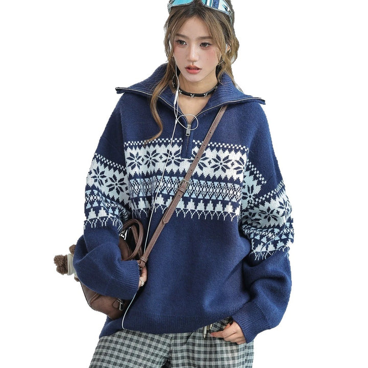 Damen-Strickpullover mit Reißverschluss und Kragen
