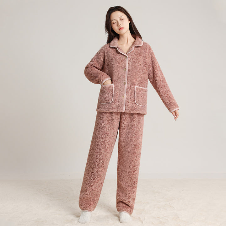 Warmes Korallenfleece-Schlafanzug-Set für Paare mit Taschen