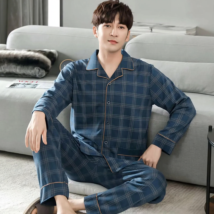 Herren-Pyjama-Set, 100% Baumwolle, langärmelig, geknöpft