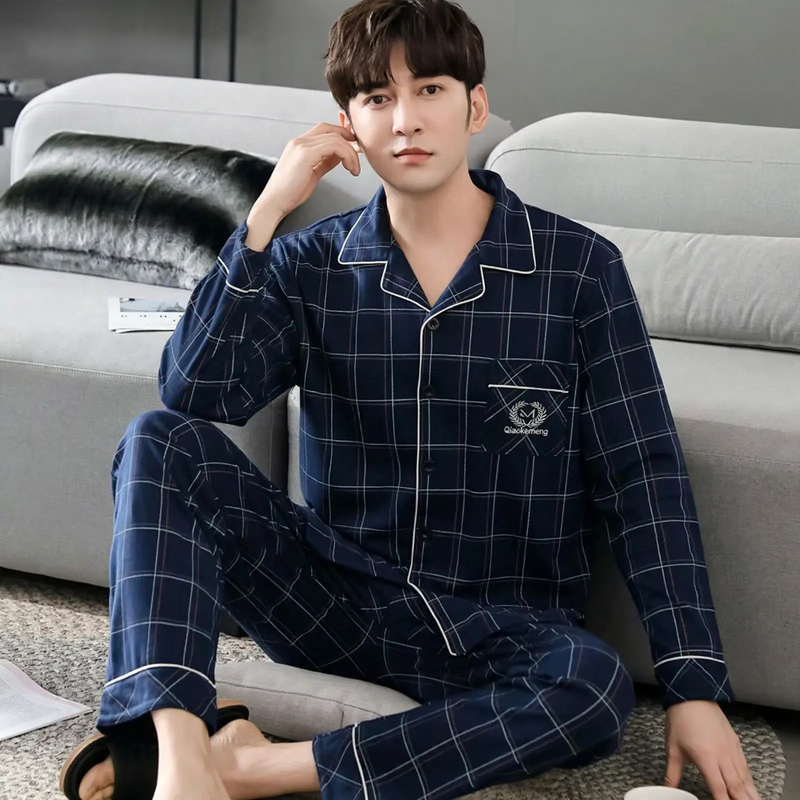 Herren-Pyjama-Set, 100% Baumwolle, langärmelig, geknöpft