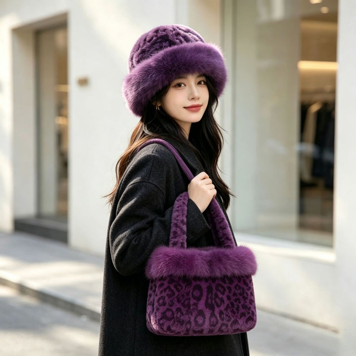 Winter-Set: Handtasche und Mütze im Leoparden-Design