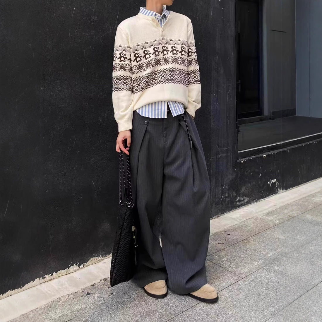 Unisex-Strickpullover mit Fair-Isle-Muster und Knopfleiste