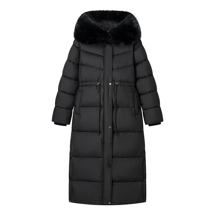 Lange Damen-Steppjacke mit Kapuze und Kunstfellbesatz