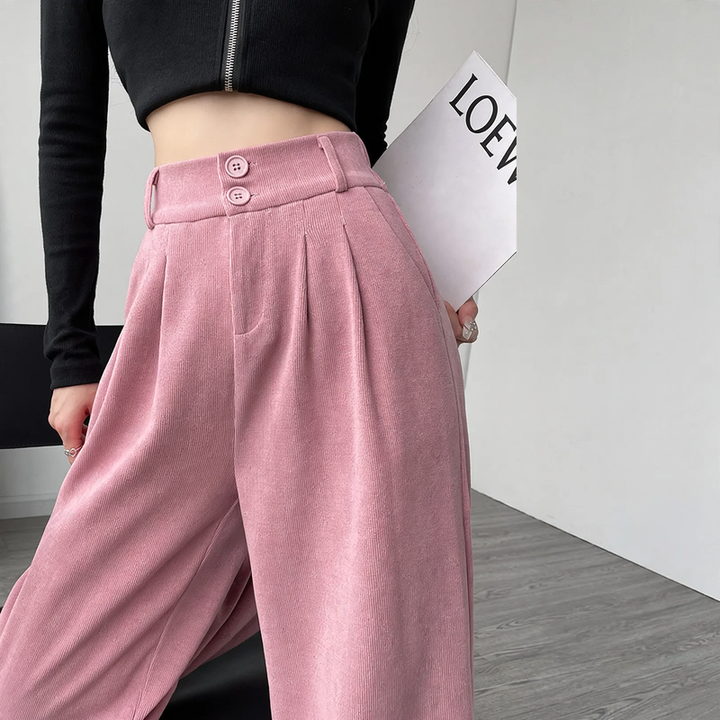 Chenille-Stoffhose mit hohem Bund, gerade geschnitten