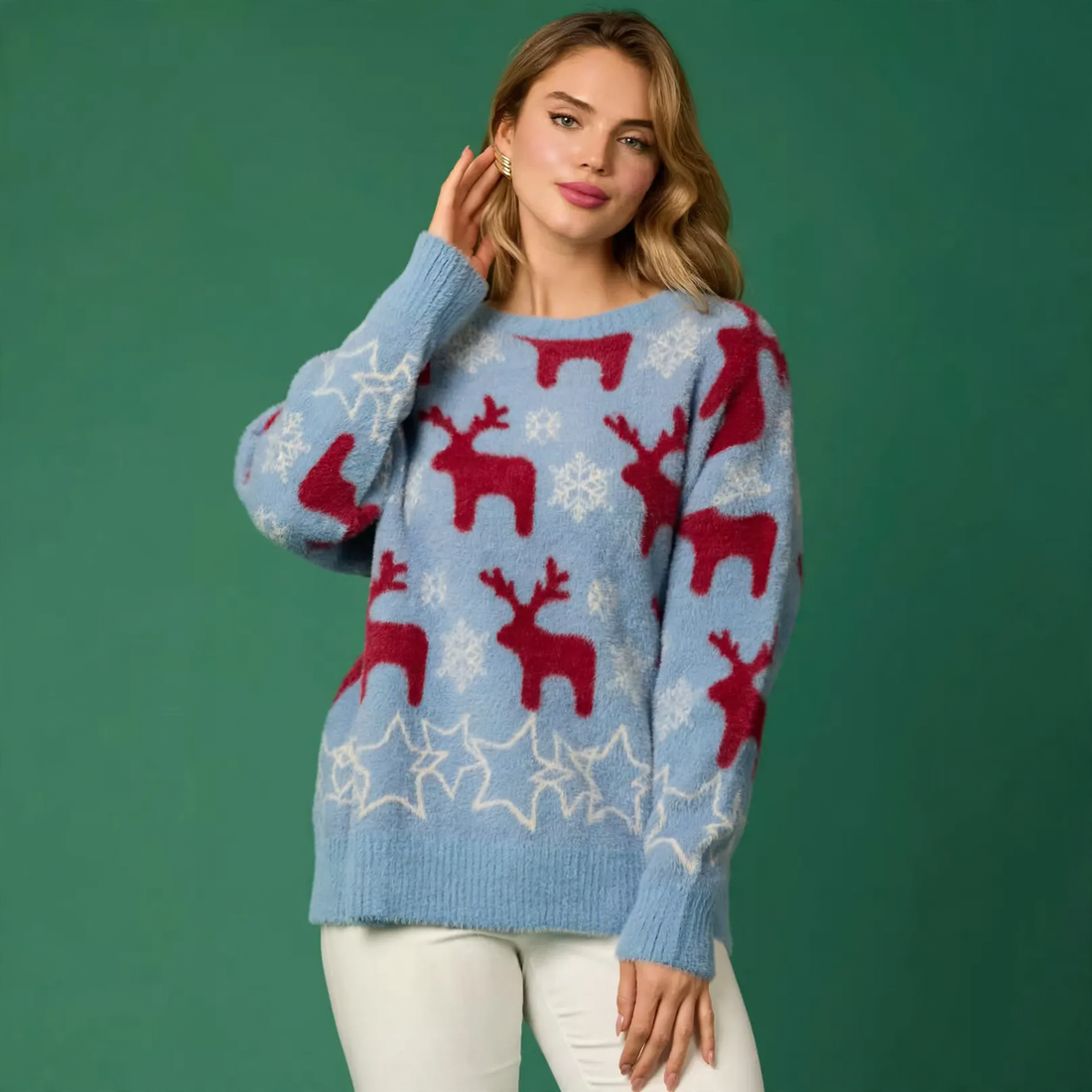 Damen-Weihnachtspullover mit Rentier- und Baum-Motiv