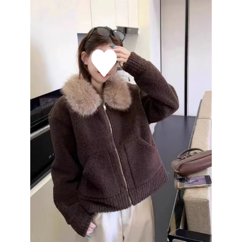 Damen-Lammfellimitat-Jacke mit Kragen