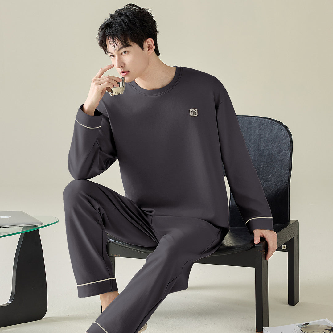 Herren-Pyjama-Set, 100% Baumwolle, Langarm, modern
