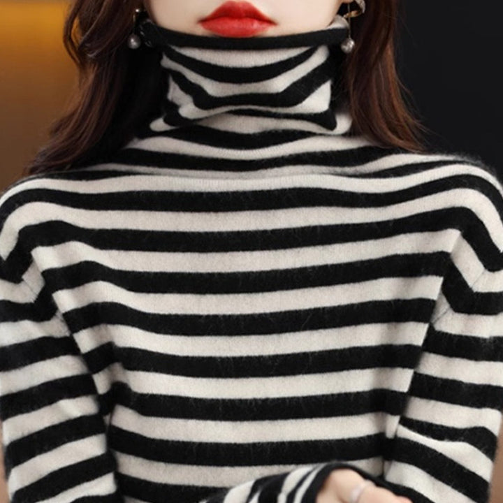 Damen-Strickpullover, gestreift, Stehkragen