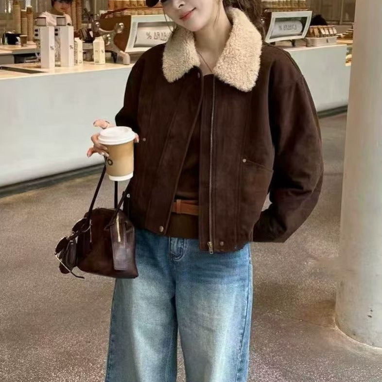 Damen-Winterjacke, Wildleder-Optik, Lammfell-Futter