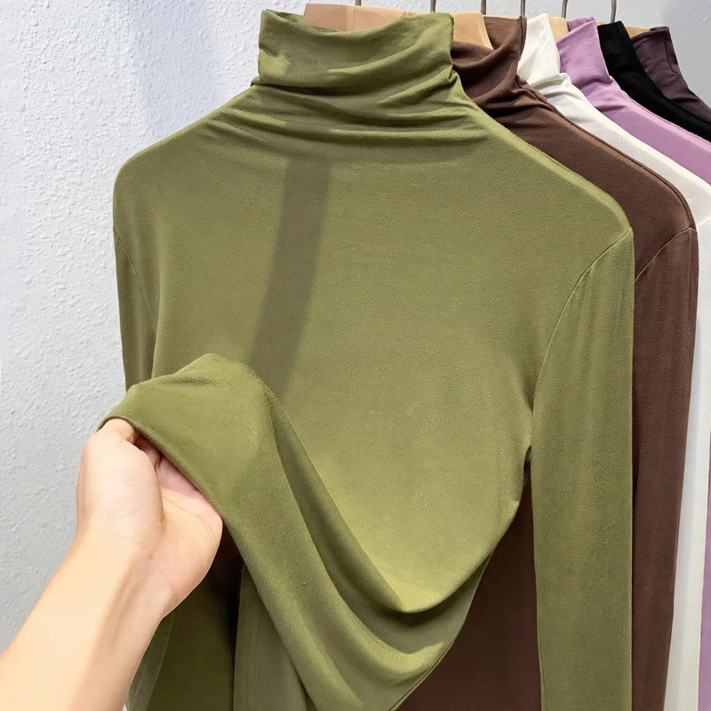 Damen-Langarm-Rollkragen-Shirt, gerippt und elastisch