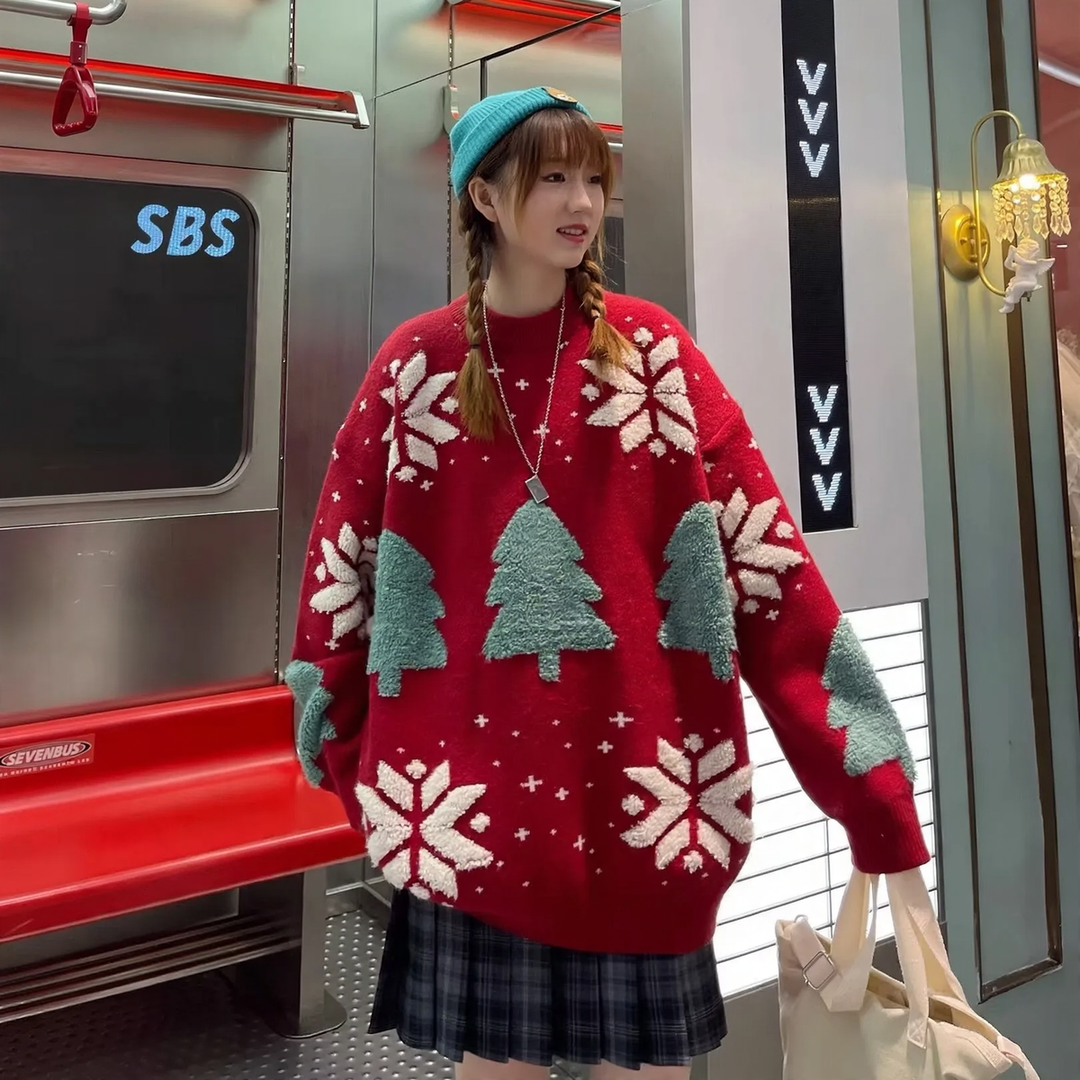 Lockerer Weihnachts-Strickpullover mit Rentier-Motiv