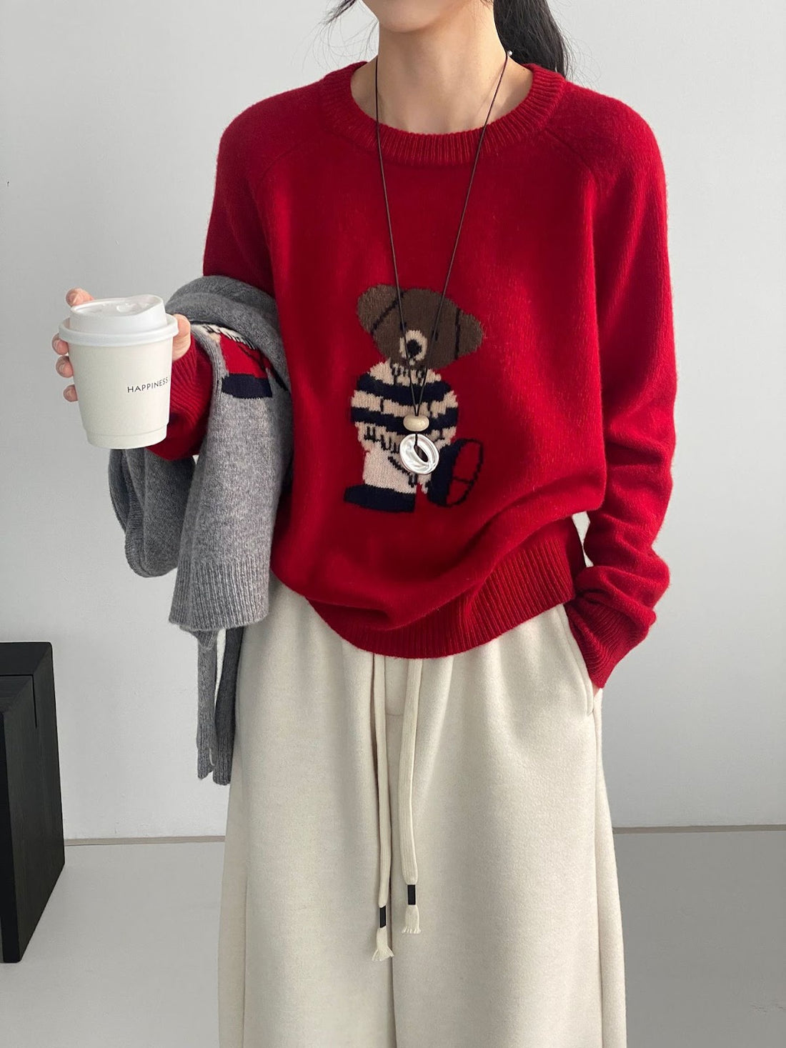 Damen-Strickpullover, Rundhalsausschnitt, Bären-Stickerei