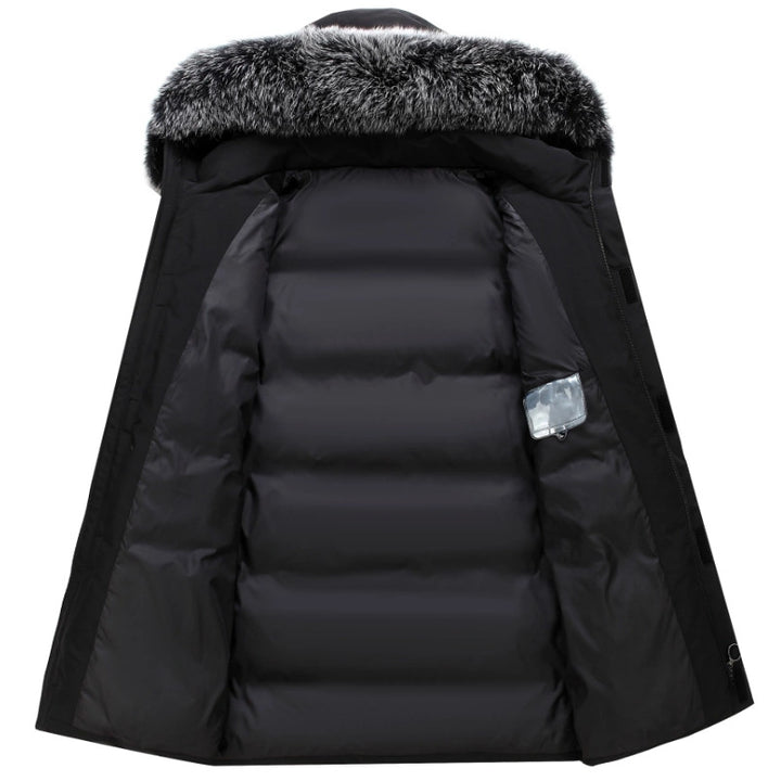 Mittellange Herren-Daunenjacke mit Kapuze und Pelzkragen
