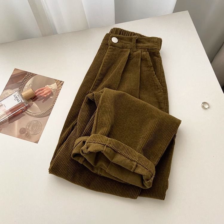 Damen-Cordhose, weit geschnitten, hoch tailliert, gesteppt