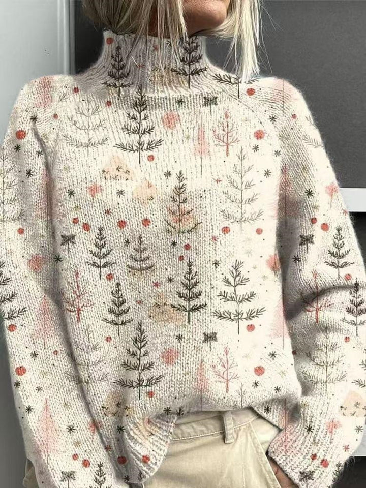 Lockerer Damen-Pullover mit Rollkragen und Weihnachts-Print