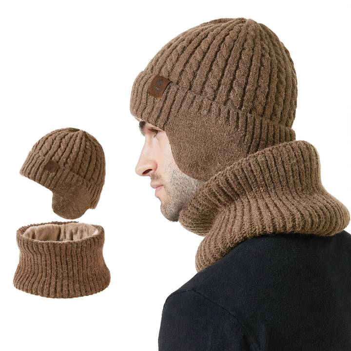 Unisex Strickmütze und Schal Set, warm, mit Ohrenschutz