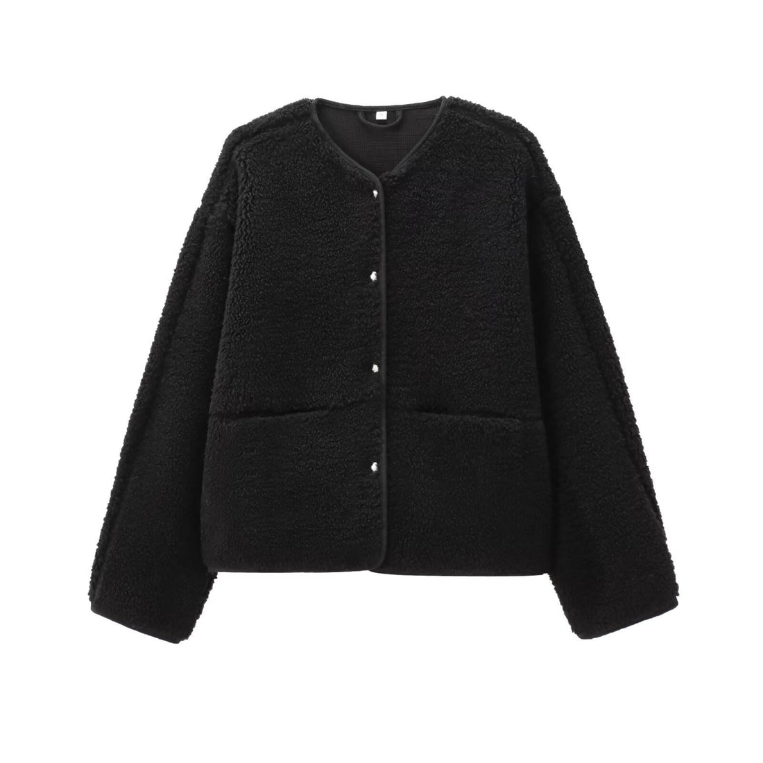 Damen Teddyfleece-Jacke, Rundhalsausschnitt, schlicht