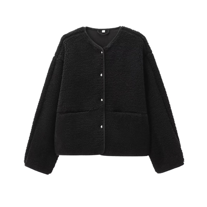Damen Teddyfleece-Jacke, Rundhalsausschnitt, schlicht