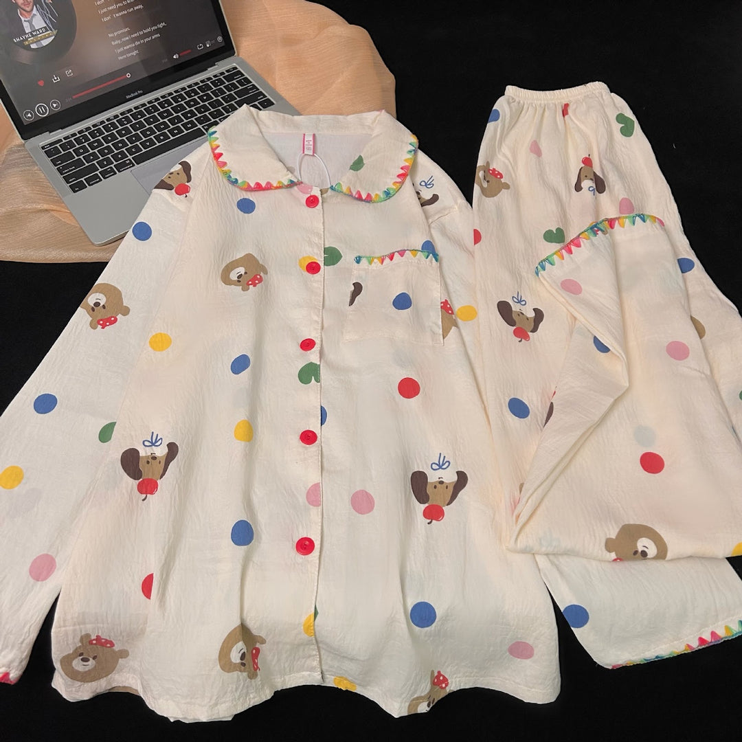 Damen-Pyjama-Set, Baumwolle, Muschelstickerei, Langarm