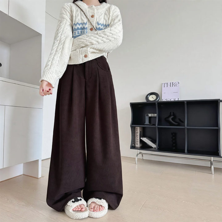 Damen Cordhose mit weitem Bein, hohe Taille