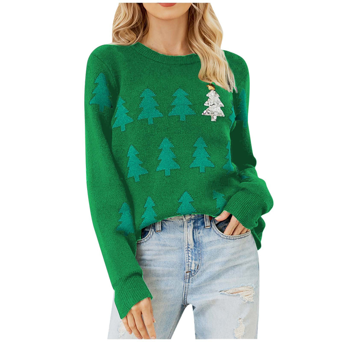 Damen-Weihnachtspullover mit Tannenbaum-Jacquard
