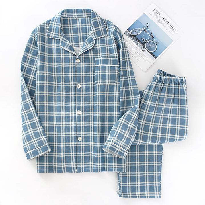 Herren-Pyjama-Set aus Baumwoll-Gaze, kariert