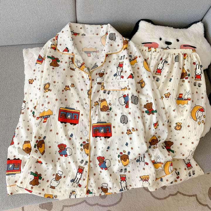 Damen Schlafanzug-Set, Langarm, Baumwoll-Mix, Cartoon-Muster