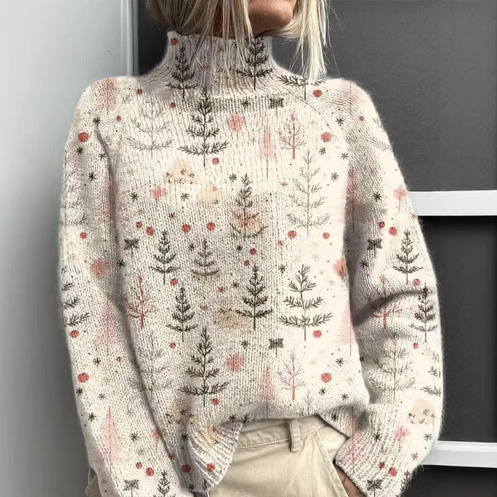 Lockerer Damen-Pullover mit Rollkragen und Weihnachts-Print
