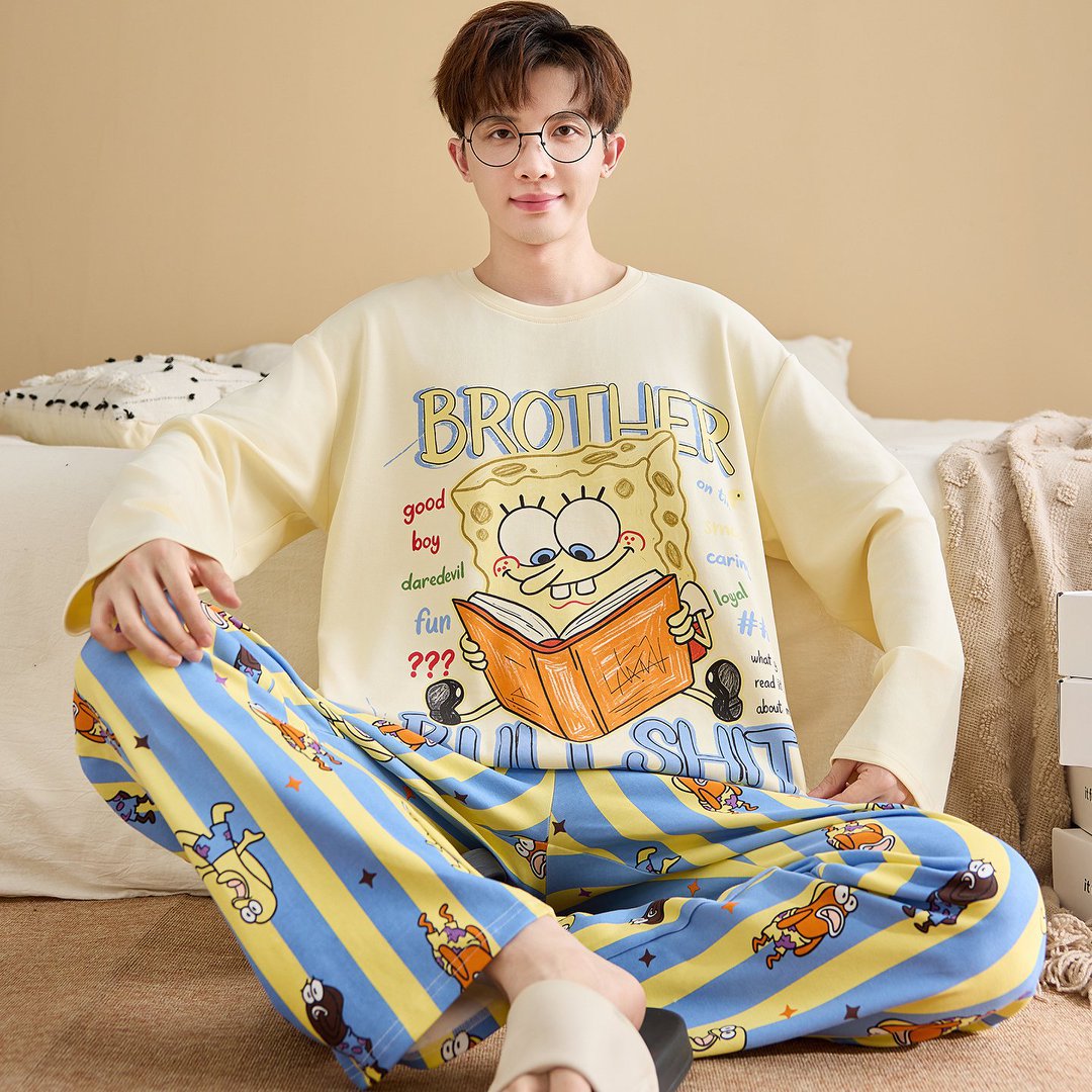 Herren-Pyjama-Set, Baumwolle, Langarm, große Größen