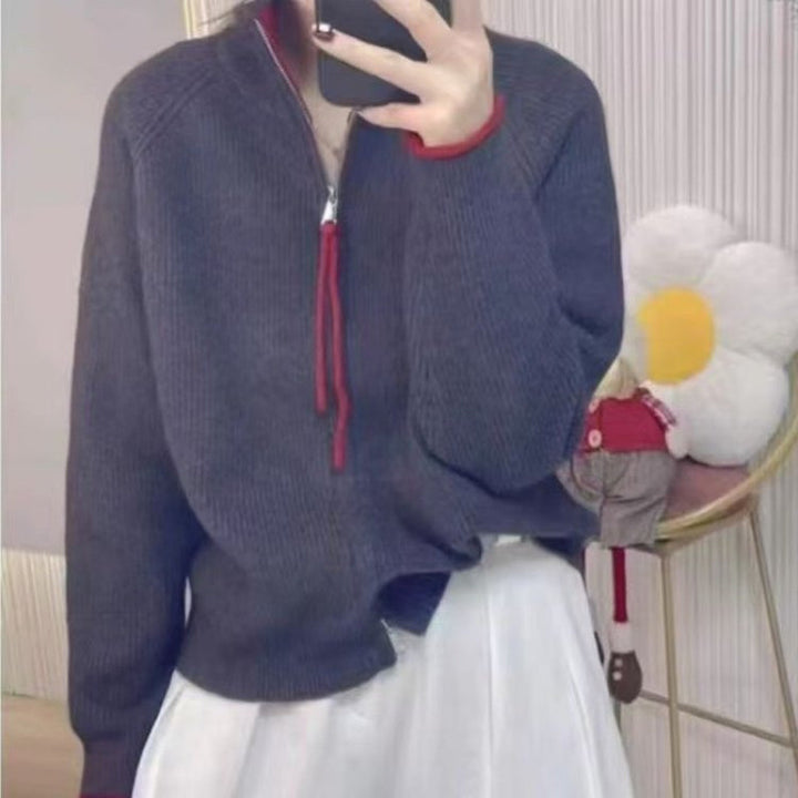 Damen-Strickjacke mit Reißverschluss und Farbblock-Design