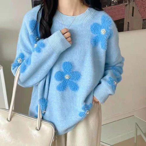 Damen-Strickpullover mit Blumenmuster und Perlenbesatz