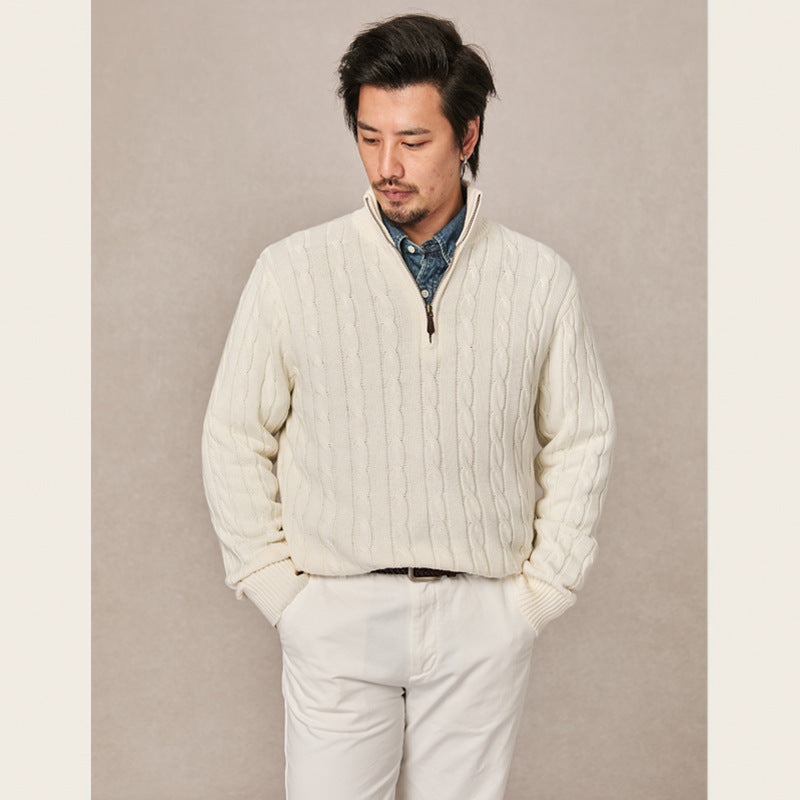 Herren-Strickpullover, Stehkragen mit Reißverschluss, Zopfmuster