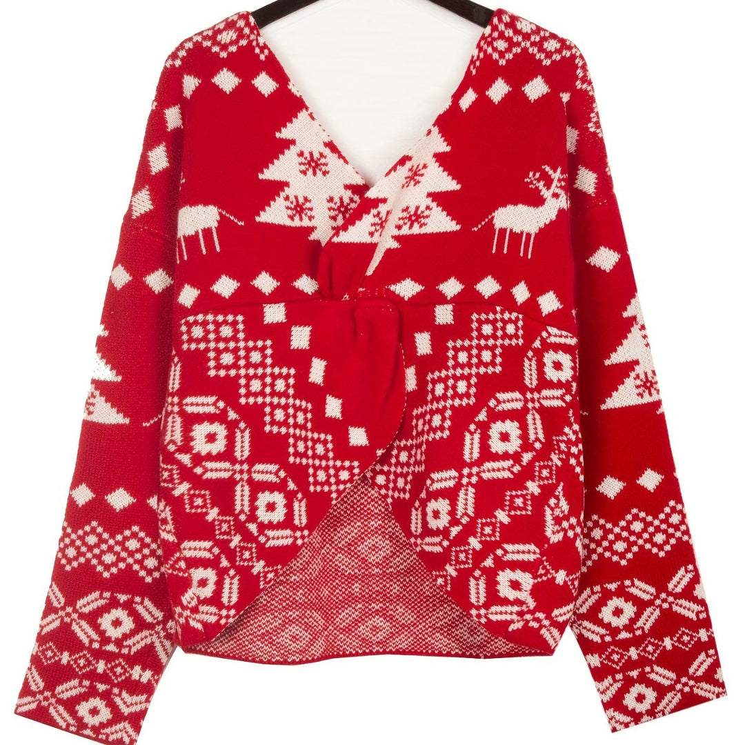 Damen-Strickpullover mit V-Ausschnitt und Schneeflockenmuster