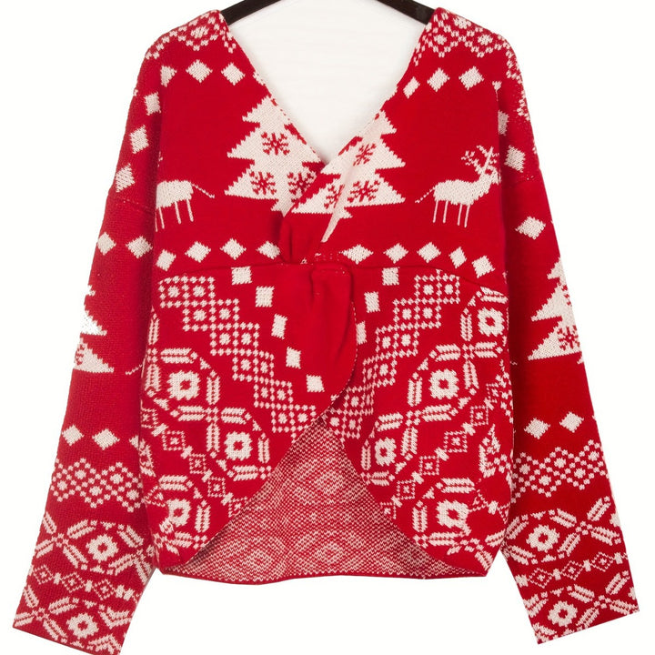Damen-Strickpullover mit V-Ausschnitt und Schneeflockenmuster