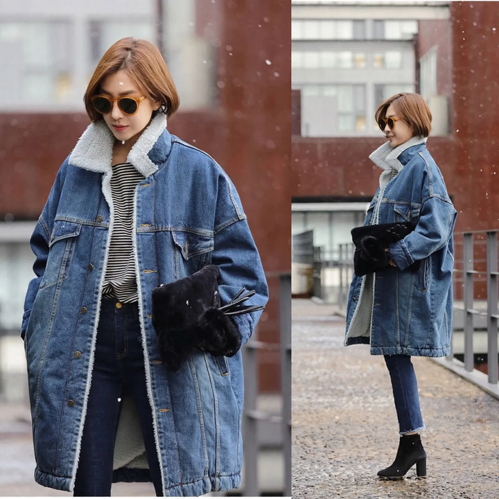 Gefütterte Jeansjacke mit Lammfell-Optik, mittellang