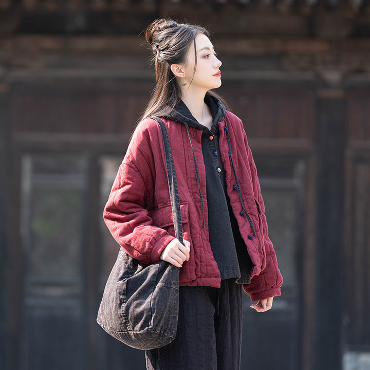 Damen-Steppjacke, Baumwoll-Leinen, Vintage-Stil, Stehkragen