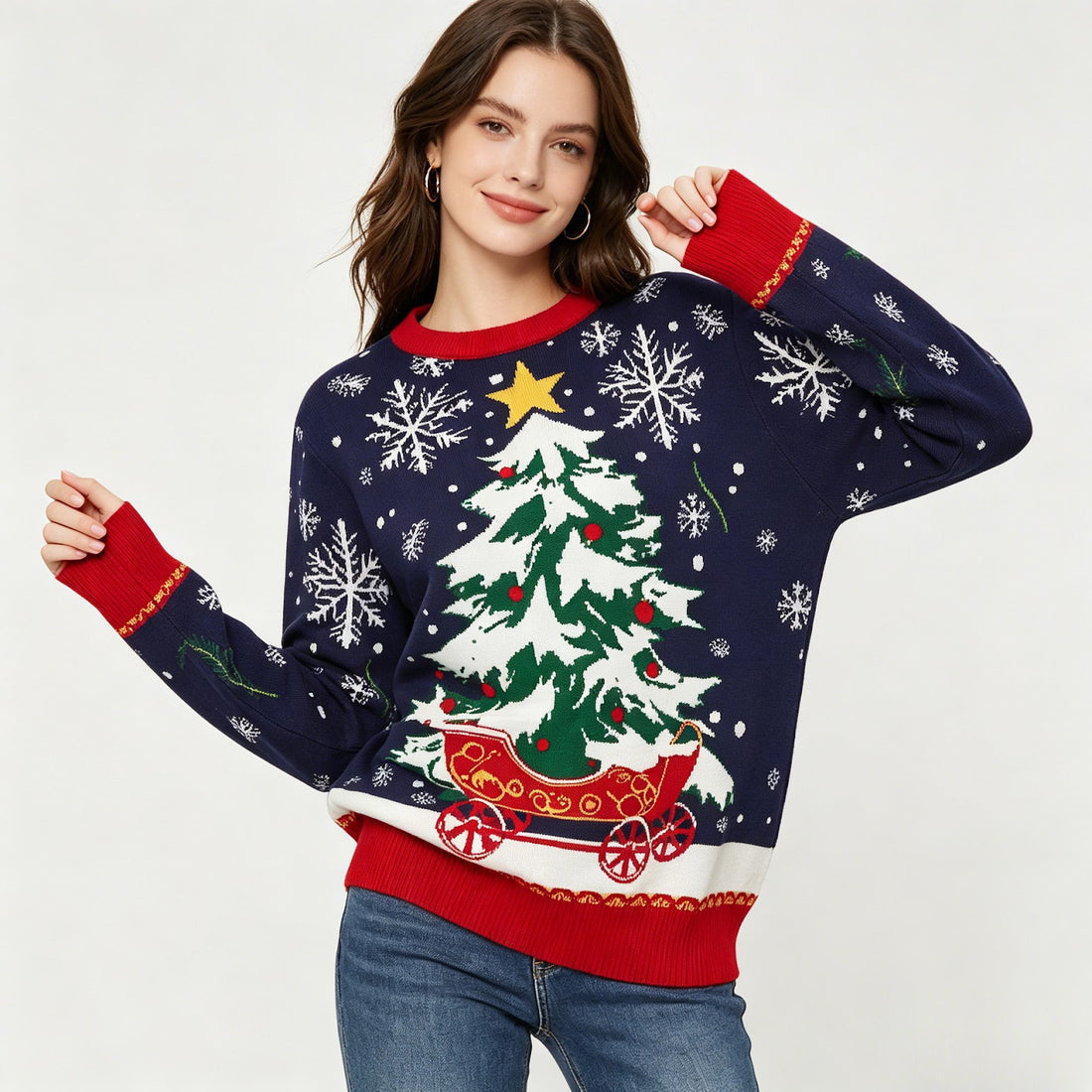 Weihnachts-Strickpullover mit Tannenbaum-Jacquard