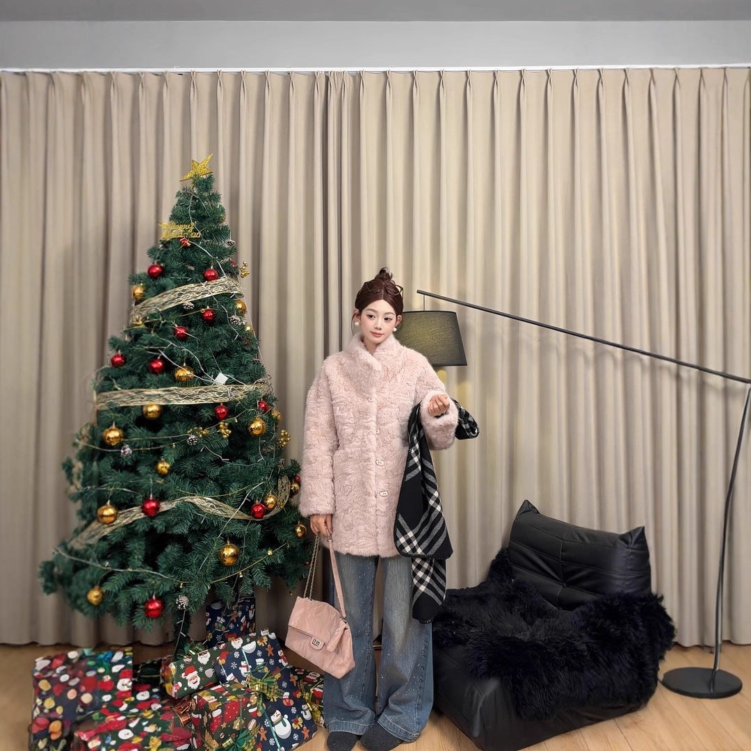 Damen-Mantel in Lammfell-Optik, mittellang, gefüttert
