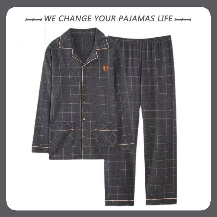 Herren-Pyjama-Set, Baumwolle, Langarm, kariert