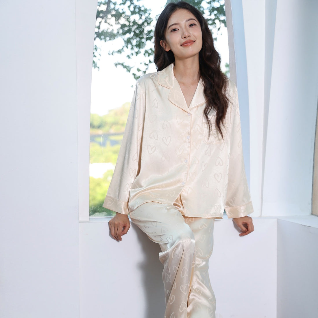 Damen-Pyjama-Set, Eisseide, Langarm, Herzmuster