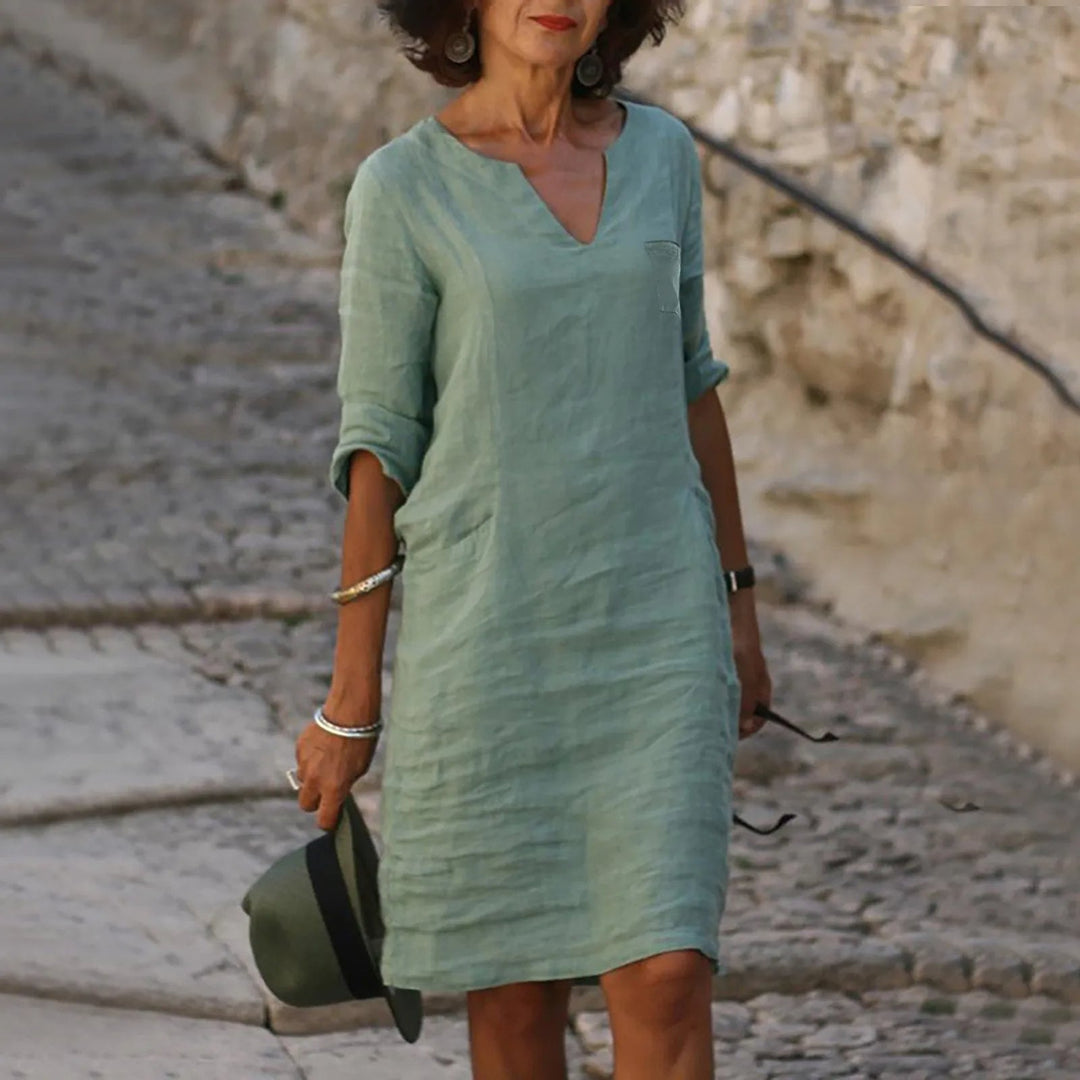 Rona Leinen Shiftkleid mit V-Ausschnitt und Taschen – Lunéa