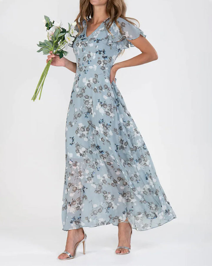 Echoarchiv | Florales Maxikleid Damen Chiffonstoff Luftiges Sommerkleid Maxikleid mit Fließendem Rock