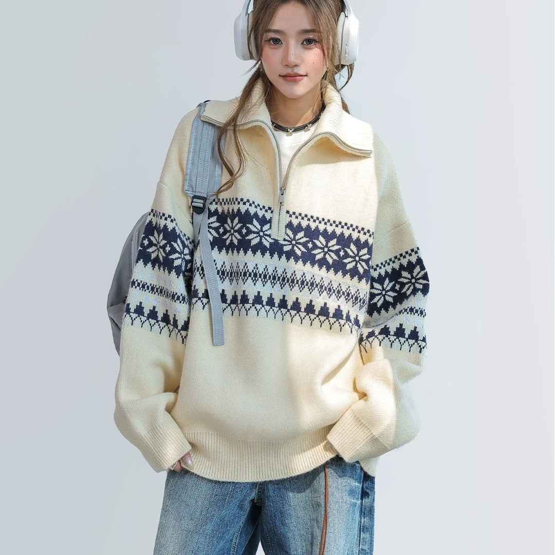 Damen-Strickpullover mit Reißverschluss und Kragen