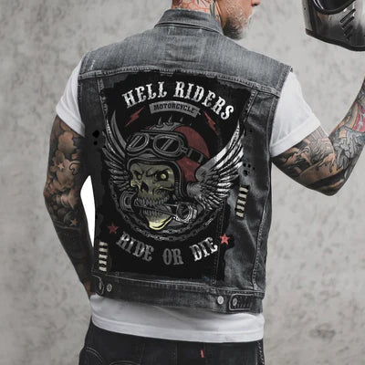 Echoarchiv Herren Motorrad-Denimweste mit Motorrad- und Skelettdruck