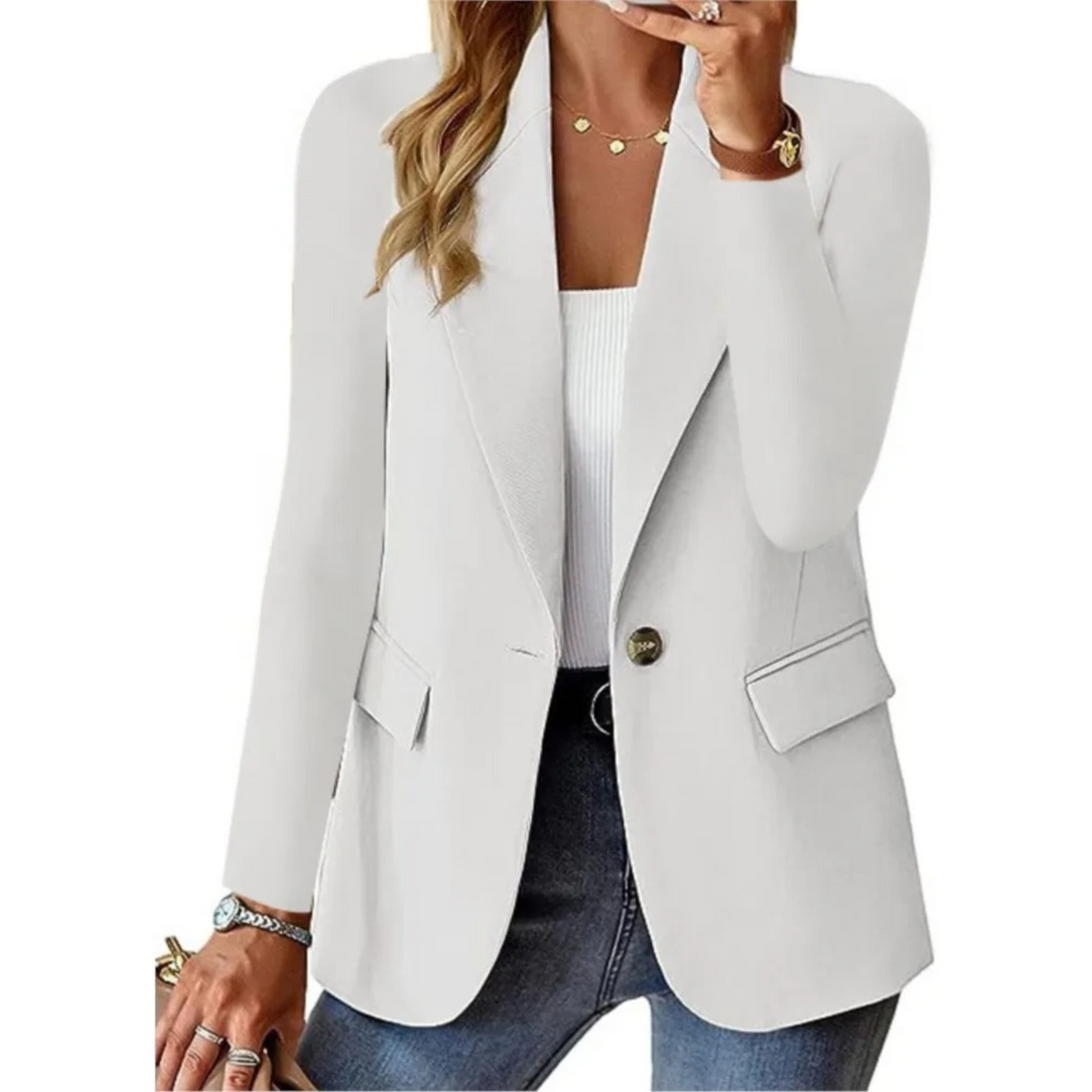 Solider Damen-Blazer mit Langen Ärmeln und Schmaler Taschenschnalle – Valéne