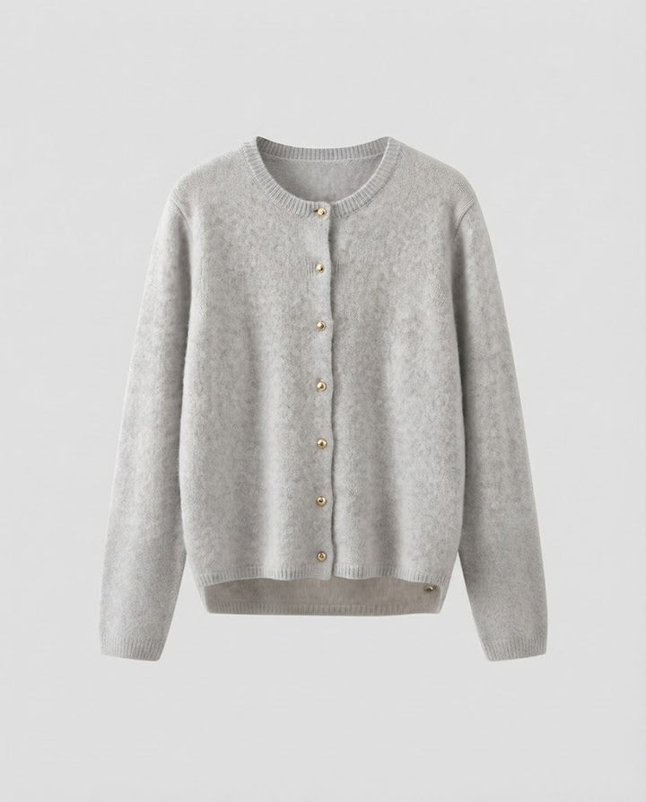 Damen Feiner Wollmix‑Knopfcardigan mit dekorativen goldfarbenen Druckknöpfen Echoarchiv