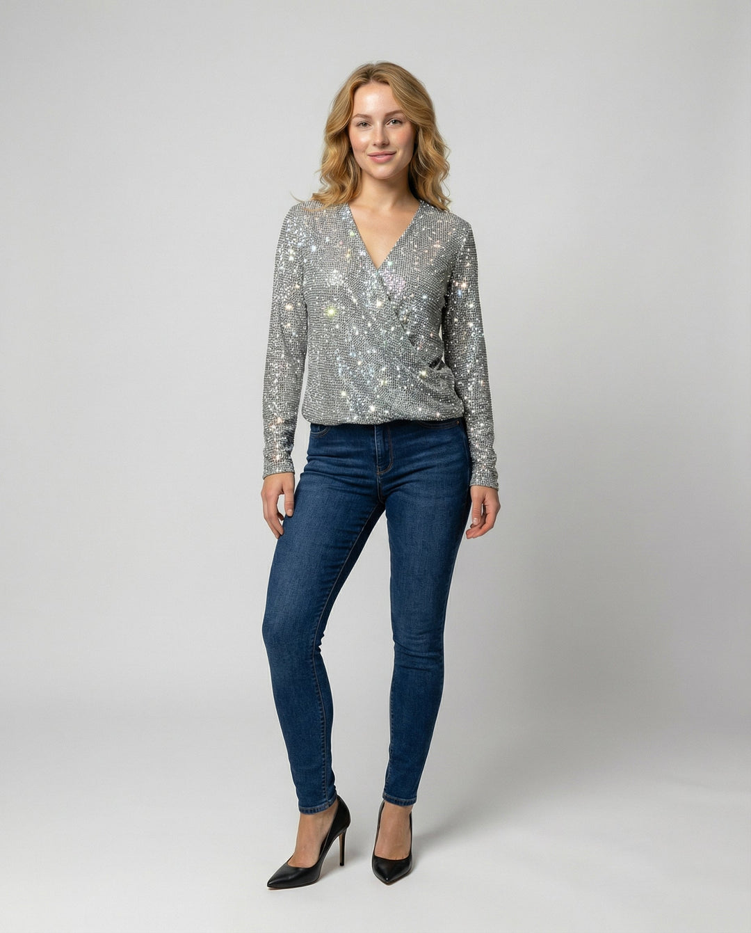 Damen Pullover mit V-Ausschnitt & Glitzer | Echoarchiv