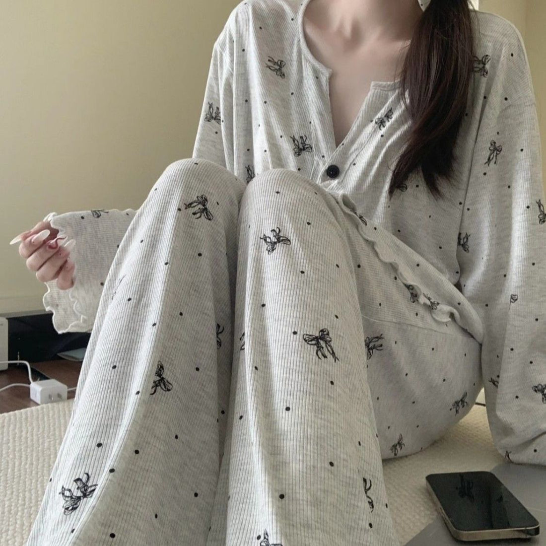 Damen-Pyjama-Set, floral, langärmelig, geknöpft