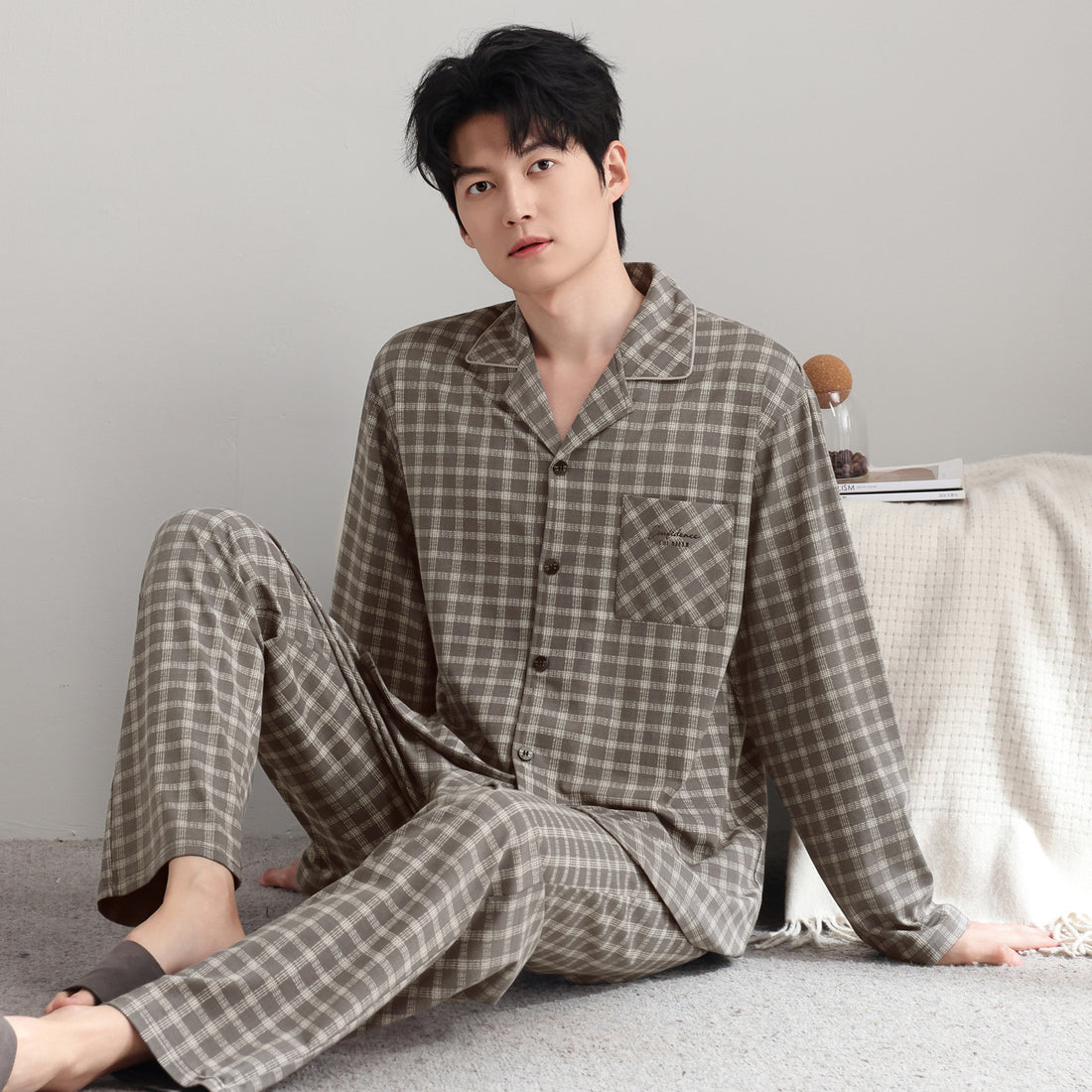 Herren-Pyjama-Set, kariert, Baumwolle, Vintage-Stil