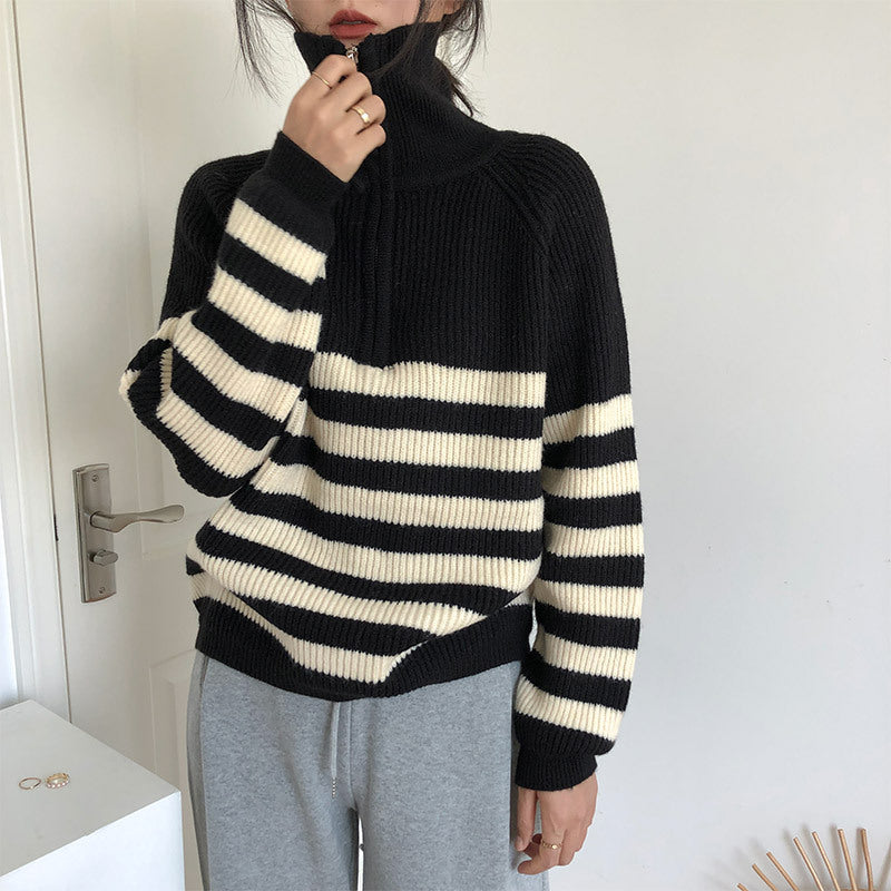 Damen-Strickjacke mit Reißverschluss und Streifenmuster